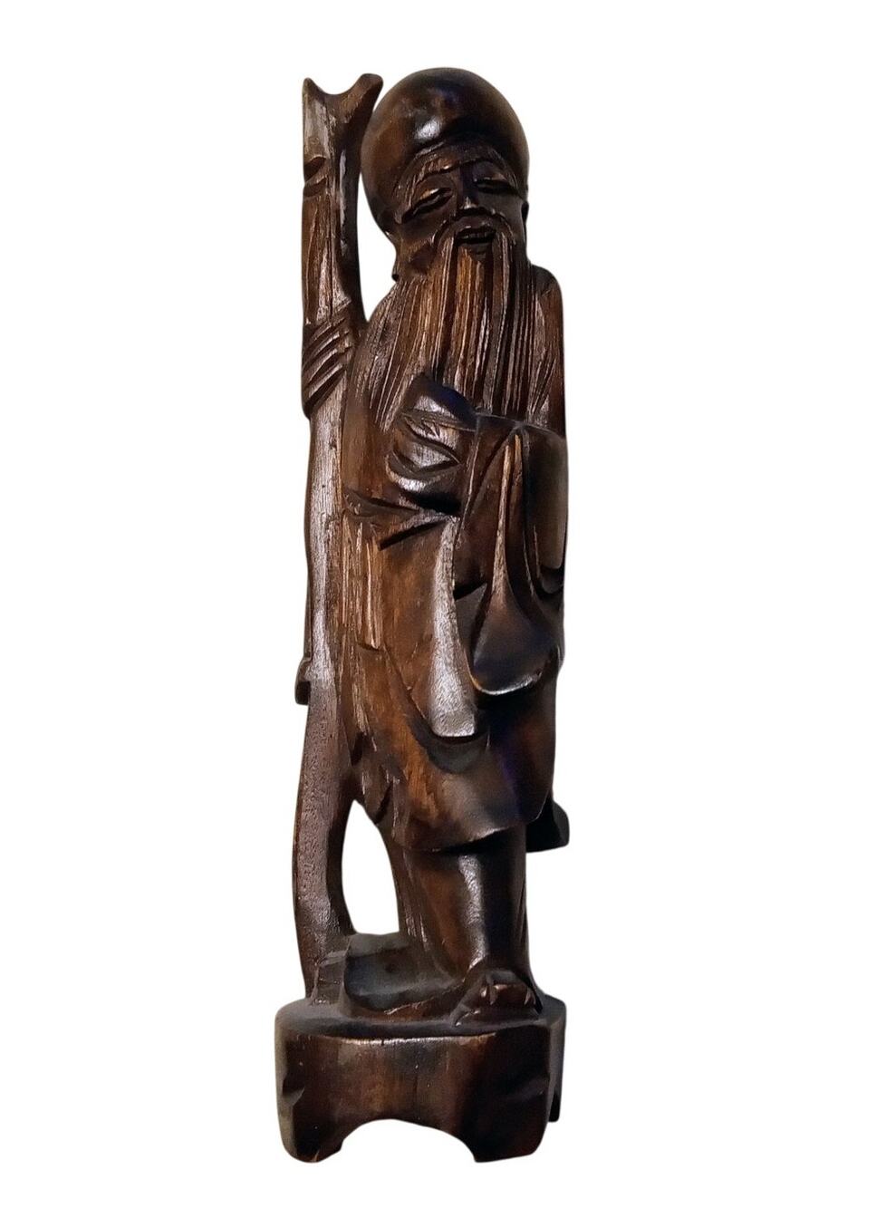 Vintage Chinese Hand Carved Wood Shou Lao Statue God of Longevity Immortal 13"